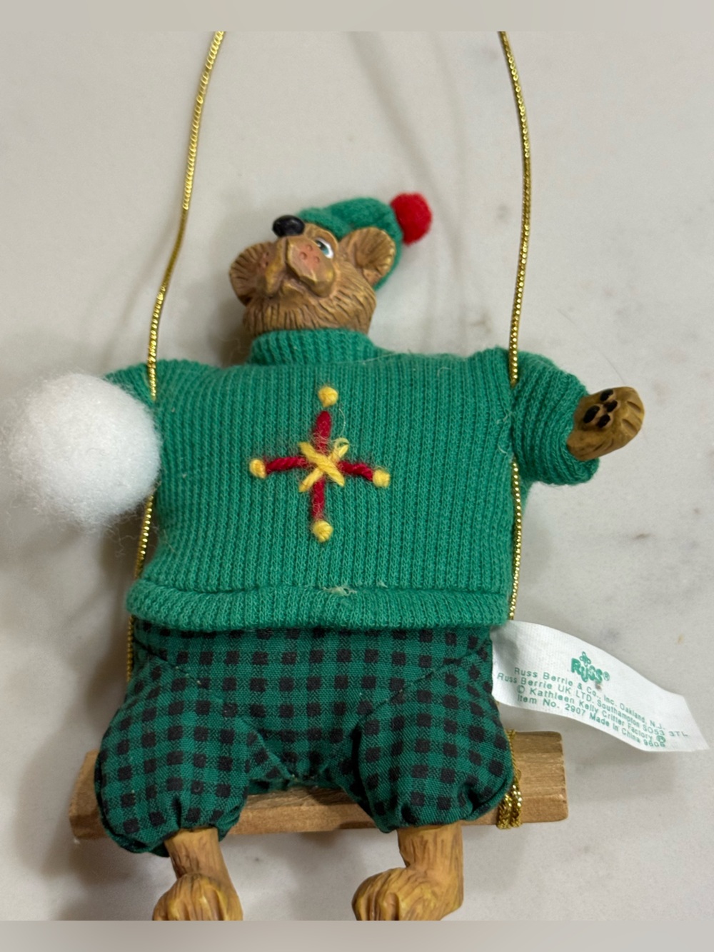 Russ Berrie & Co Green Plaid Holiday Bear Ornament on Swing